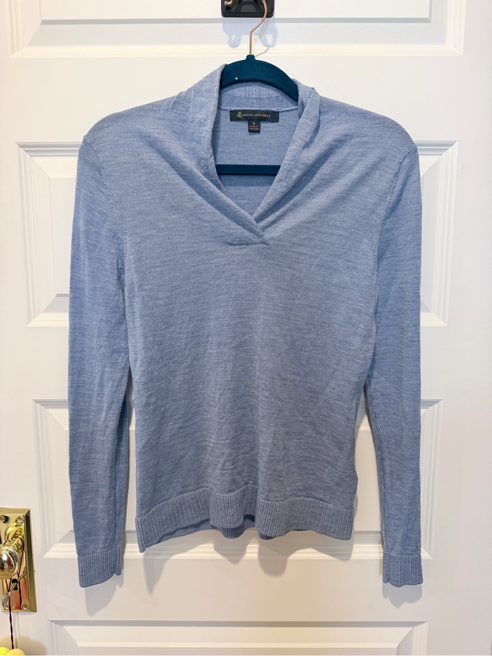 Brooks Brothers light blue long-sleeve sweater made from 100% merino wool